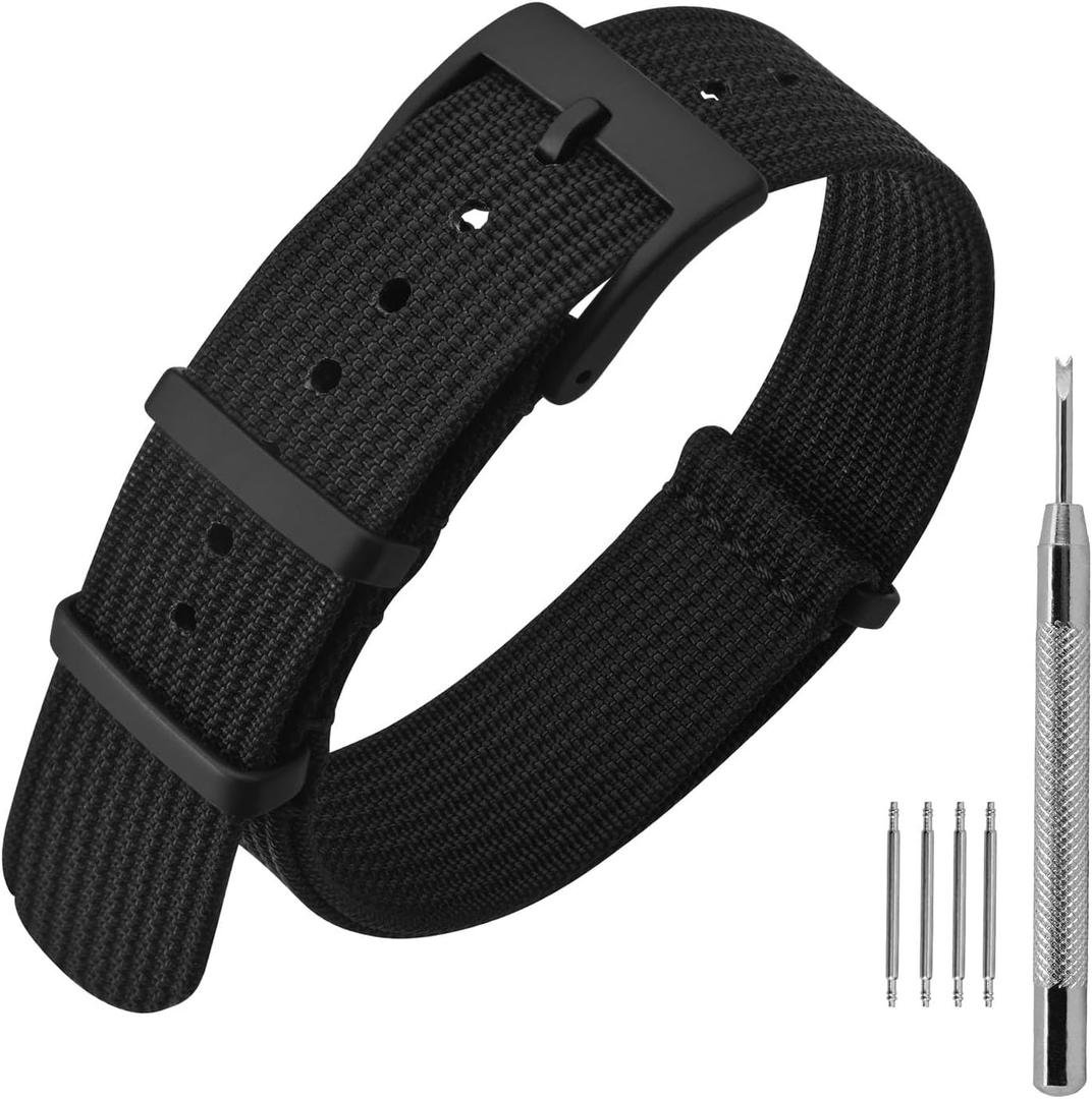 ANNEFIT Nylon Watch Band 16mm 18mm 20mm 22mm, One-Piece Waterproof Military Watch Straps with Heavy Buckle