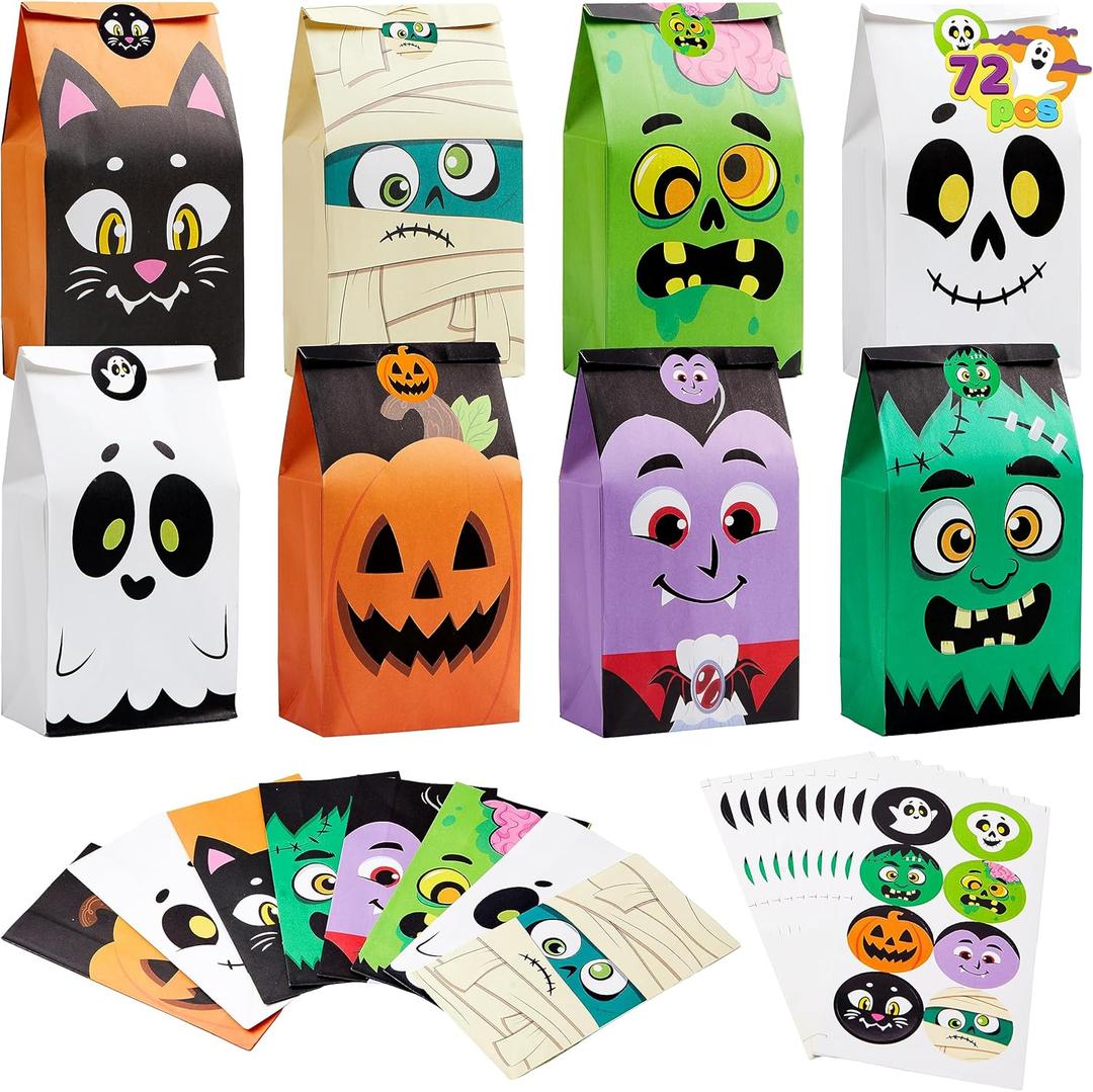 JOYIN 72PCS Halloween Treat Bags, Candy and Goodie Bags, 6 Styles with Stickers, Party Supplies for Kids Halloween Party Favors Exchange, Holiday Pastries Supplies