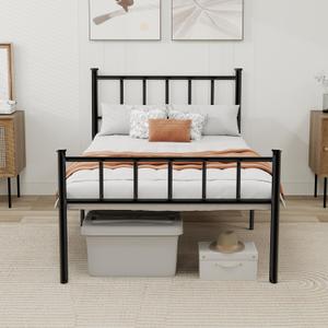 Metal Platform Twin Bed Frame with Headboard Sturdy Steel Slats Support No Box Spring Needed Easy Assembly Black