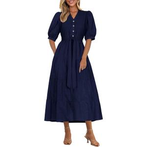 PRETTYGARDEN Summer Dresses for Women 2026 Elegant Classy Short Sleeve V Neck Ruffle A Line Belted Long Beach Vacation Dress (Medium)