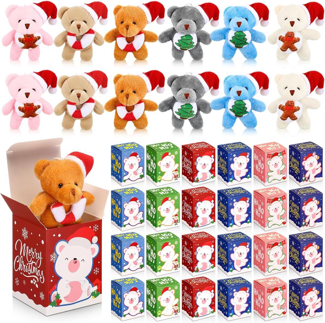 24 Sets Christmas Mini Plush Gift with Box Christmas Stuffed Animal Keychain with Santa Cap Tiny Plush Set for Xmas Party Stocking Fillers Exchange Gifts(Bear)