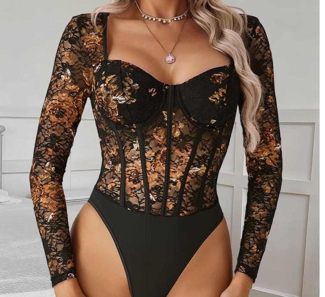 Women's Vintage Autumn Floral Lace Mesh Bodysuit | Sexy Boned Slimming Push-Up Versatile Shapewear Top, XS
