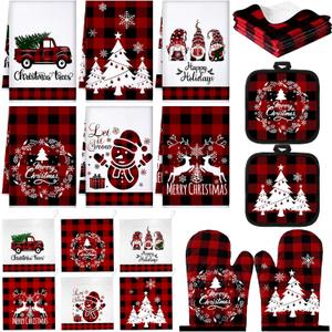 Sratte 20 Pcs Christmas Kitchen Towel Oven Mitts and Pot Holders Set Red and Black Buffalo Plaid Dish Cloths Set Heat Resistant Oven Gloves Hot Pads Reusable Dish Rags, Absorbent Towels