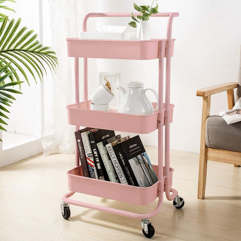 3 Tier Rolling Utility Cart Rolling Storage Cart with Wheels Mobile Utility Cart Craft Cart Trolley Storage Organizer Shelves with Handles fro Kitchen Bathroom Office(Pink)