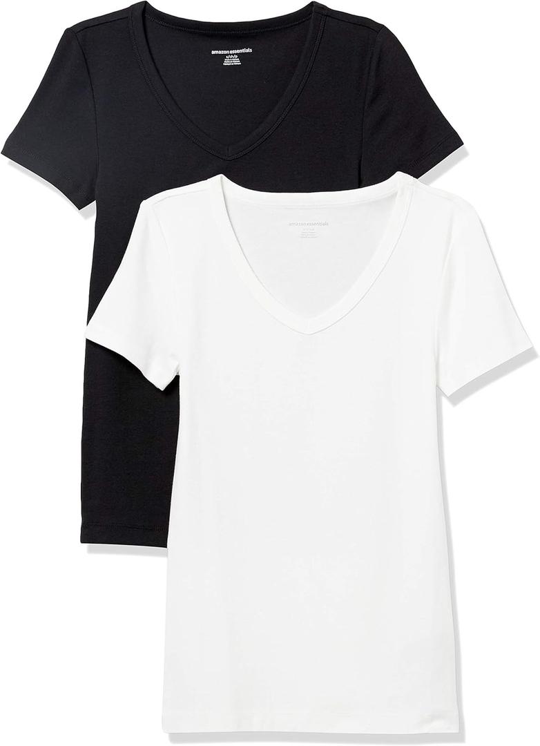 Amazon Essentials Women's Slim-Fit Short-Sleeve V-Neck T-Shirt, Pack of 2 (Medium)