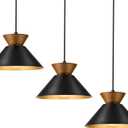 ELYONA 3 Pack Modern Pendant Lights Kitchen Island, Solid Wood Hanging Lamp with Matte Black Metal Shade & Gold Inner Finish, Farmhouse Pendant Light Fixtures for Dining Room, Bedroom, Living Room