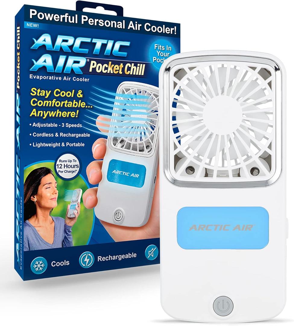 Arctic Air Portable Fan, Pocket Chill Handheld Mini Fan, Rechargeable Personal Air Cooler with Hydro-Chill Technology, 3 Speeds & Built-in-Kickstand, Cordless for Travel, Indoor or Outdoor Use White