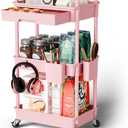 Sorgion 3 Tier Rolling Cart Organizer,Laundry Room Bathroom Organizers and Storage Office Shelves Mobile Shelving Unit Kitchen Trolley Cart with Wheels for Art,Craft,Diaper,Bedside,Snack(Pink)