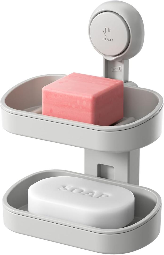 TAILI Double Layer Soap Dish Holder Suction Cup, Strong Sponge Holder for Shower, No Tools Soap Saver for Bathroom, Tub and Kitchen Sink, Shower Accessories, Drill-Free, Removable, Grey (5.8" * 3.7" 2 Tier, Gray)