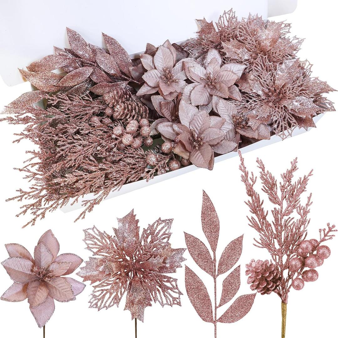 Winlyn 35 Pcs Christmas Artificial Poinsettia Flowers Picks and Artificial Leaves Sprays Rose Gold Glitter Christmas Floral Picks for Rose Gold Christmas Tree Wedding Holiday Decor Centerpiece Wreath