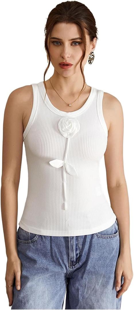 Women's 3D Floral Tank Top Crew Neck Sleeveless Dressy Casual Ribbed Knit Tops (L)