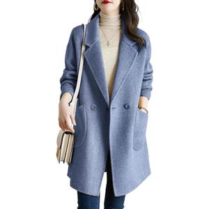 chouyatou Women's Notch Lapel Herringbone Wool Coat Formal Office Work Double Breasted Winter Pea Coat (Medium, Light Blue)