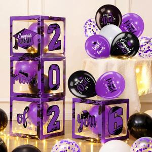 Woanger 44 PCS Graduation 2026 Box Decoration - Congrats Grad Party Box Set with LED Light Strings & Balloon Proud of You Party Supplies for Class of 2026 School College(Purple)