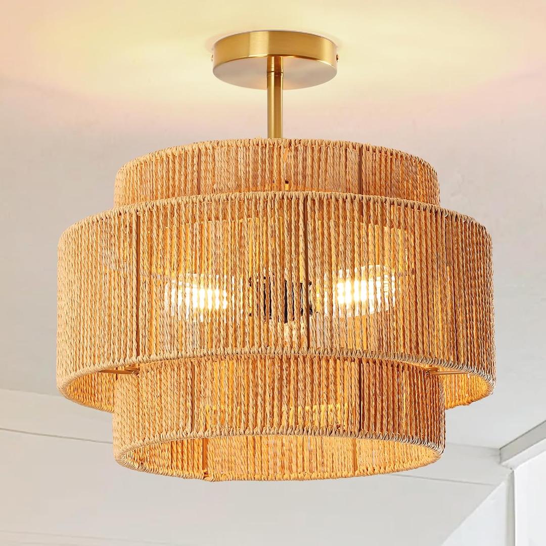 16" Boho Rattan Woven Semi Flush Ceiling Light Fixture, 16-inch Three-Tier Vertical Stripes