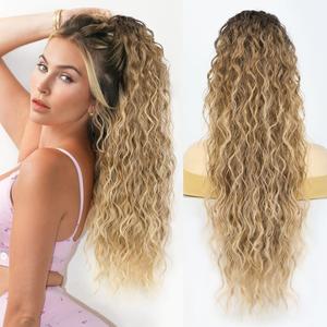 26 Inch Long Ombre Brown Mix Blonde Drawstring Ponytail Extension for Women Synthetic Long Curly Wavy Clip in Ponytail Hair Extensions for Daily Party Use