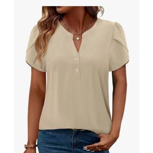 Womens Tops Dressy Casual Short Sleeve Pleated Tshirt  Summer Loose Fitting Blouse Fashion V Neck Business Shirt, M