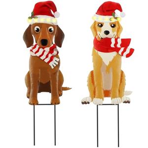 Soaoo 2 Pack Solar Christmas Outdoor Decorations 27 Solar Light Dog Metal Christmas Stake Yard Signs Decoration with Santa Hat for Xmas Holiday Garden Lawn(Dog)
