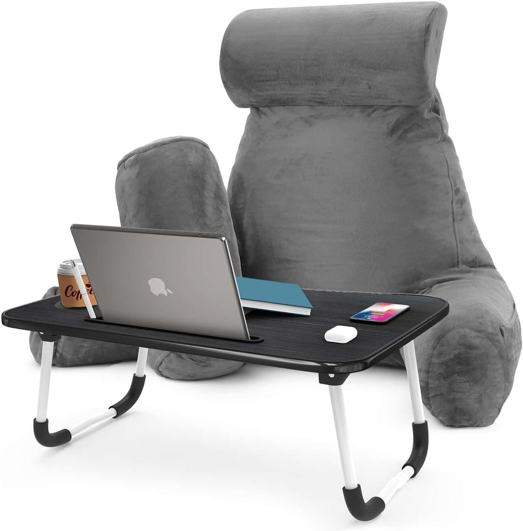 Nestl Reading Pillow with Portable Laptop Lap Desk - Shredded Memory Foam Back Support Pillow for Sitting Up in Bed and Couch Rest Pillows with Arms, Bed Tray Table with Foldable Legs, Grey (Large)