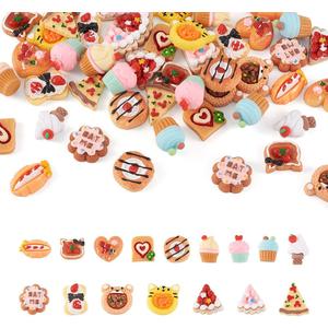Pandahall 64Pcs Food Resin Flatback Charms Opaque Cupcake Ice Cream Bread Pizza Dessert Imitation Food Resin Cabochons Cute Flatback Mini Food Charms Beads for Hair Clip Crafts Jewelry Making (64Pcs, Cake)