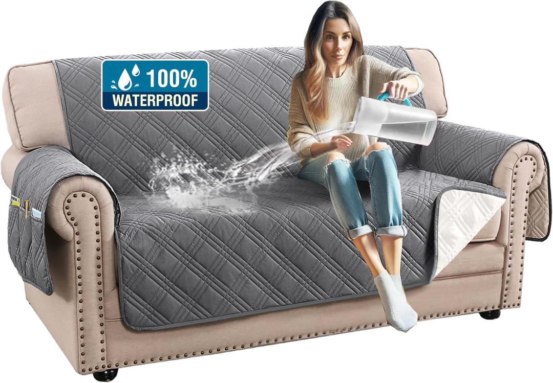 H.VERSAILTEX 100% Waterproof Loveseat Covers for 2 Cushion Couch Modern Sofa Covers Waterproof and Washable Thick Soft Couch Cover for Dogs with Elastic Straps (Loveseat, Grey/Beige)