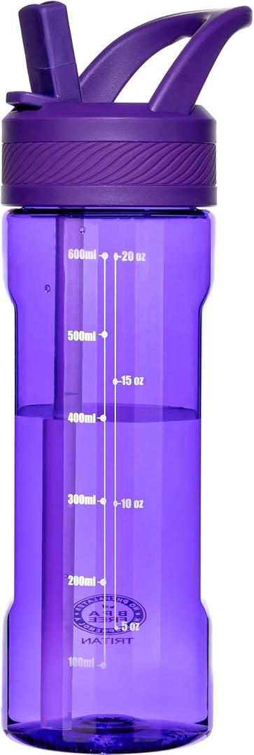 OLDLEY 20oz Kids Water Bottle with Straw, BPA-Free Tritan Water Bottle for School, Leakproof Clear Water Bottle with One Click Open, Measurement Scale, Cup Holder Friendly for Boys Girls,Deep Purple