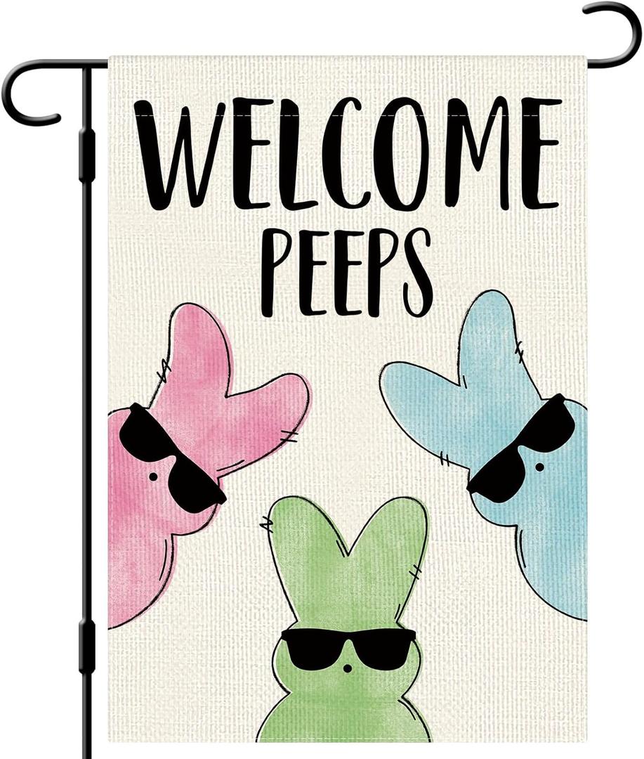 DLZDN Easter Bunny Garden Flag Welcome Peeps Garden Flag 1218 Inch Double Sided Vertical Burlap Farmhouse Yard Flag Holiday Outdoor Decor