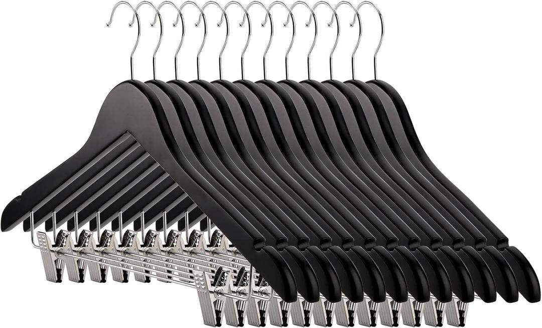 Tosnail 12-Pack Wooden Pants Clothes Hangers, Wooden Suit Hangers with Steel Clips and Hooks, Natural Solid Wood Collection Skirt Hangers, Standard Clothes Hangers - Black