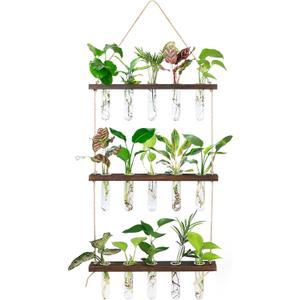 Hyindoor 3 Tired Plant Propagation Stations, Wall Hanging Planter Terrarium with Wooden Stand and 15 Mini Test Tubes, Glass Planter for Hydroponic Plant Cutting Home Office Garden Decor Gift