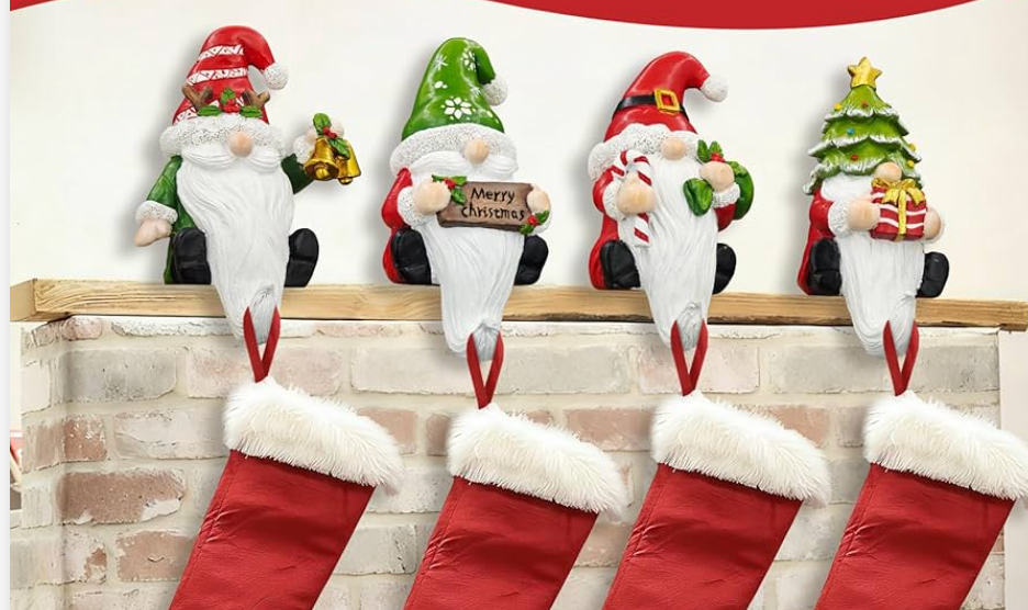 Glitzhome Christmas Stocking Holders, Set of 4 Santa Snowman Penguin Mantel Decor with Weighted Base, Festive Jack-in-The-Box Design for Fireplace, Holiday Sock Hangers