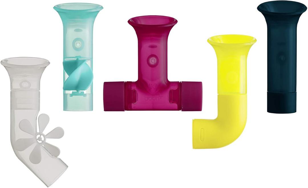 Boon Pipes Toddler Bath Toys - Bathtub Building Toys with Suction Cups - Toddler Sensory Toys and Bathtub Essentials - Multicolored - 5 Count - Kids Ages 12 Months and Up (Gray)