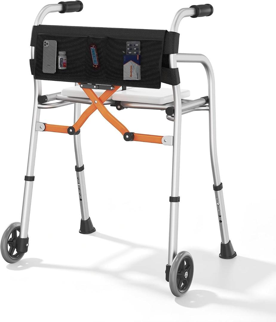 Walkers for Seniors with Seat,Front Wheel Walker Lightweight Quick Folding | Aluminum Rolling Walker with seat,Height Adjustable Standard Walker, 5"Wheels, Supports 350lbs,Compact Travel Walker (Silver)