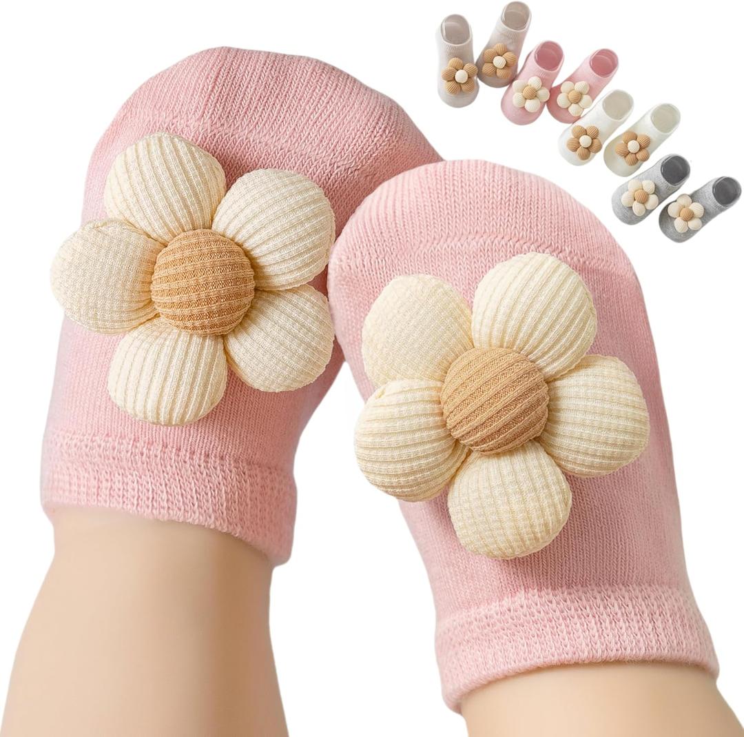 Baby Girl Socks with Non-Slip, Cute Flower Grippy Design Toddler Ankle Socks Gift for Newborn Babies Infants 4 Pairs (0-12 Months)