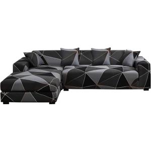 MIFXIN Sectional Sofa Cover 2 Piece Stretch 3 Seat L Shape Couch Slipcovers Elastic Printed Sectional Sofa Furniture Protector for Living Room with 4pcs Pillow Covers (Black Gray)