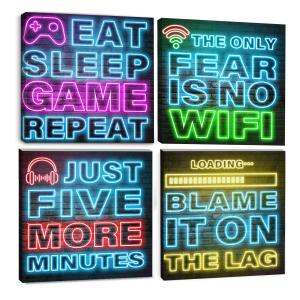4PCS Teen Boy Room Gamer Decor Decoration Neon Video Gaming Posters Canvas Wall Art Framed Art Painting Modern Wall Decor Canvas Prints for Boys Gamer Room Bedroom Bar Home Decoration