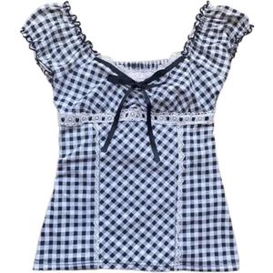 Women Fairy Grunge Y2K Shirts Summer Short Sleeve Lace Patchwork Tee Tops Vinatge E-Girls Aesthetic Clothes (M)