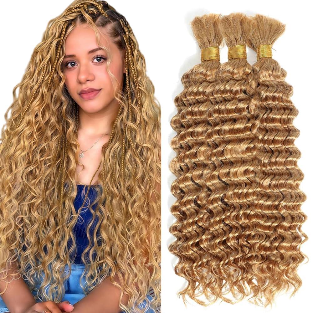 #27 Blonde Braiding Human Hair for Boho Braiding Human hair 3 Bundles 12 12 12 Inch Honey Blonde Water Wave Boho Hair for Bulk Braiding Knotless Bohemian Hair Extensions150g