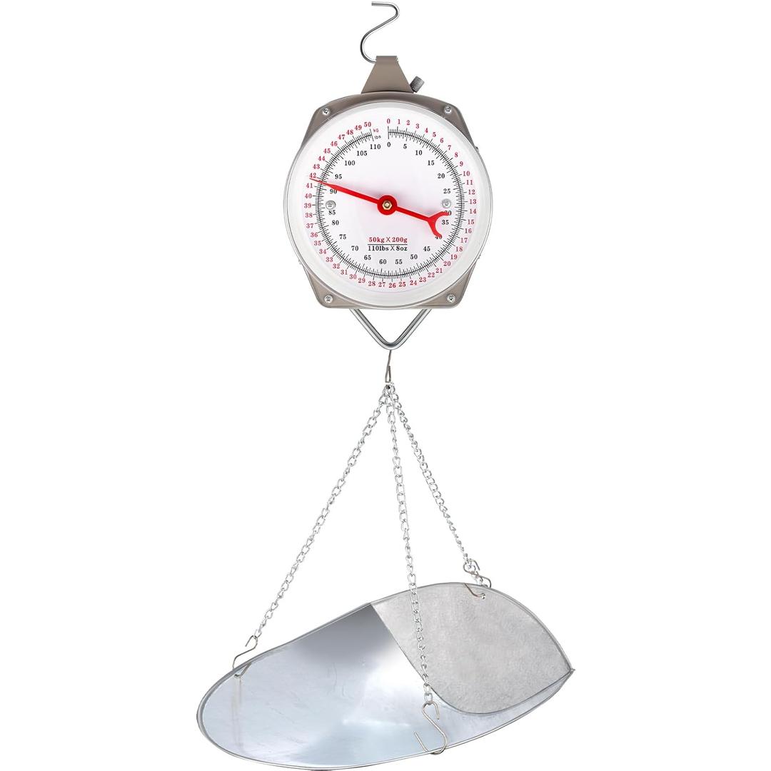 1 Set 110 lbs Large Display Hanging Scale with Scale Scoop Kitchen Dial Weight Scale Silver Industrial Spring Scales for Shopping Traveling Food Produce Weighing