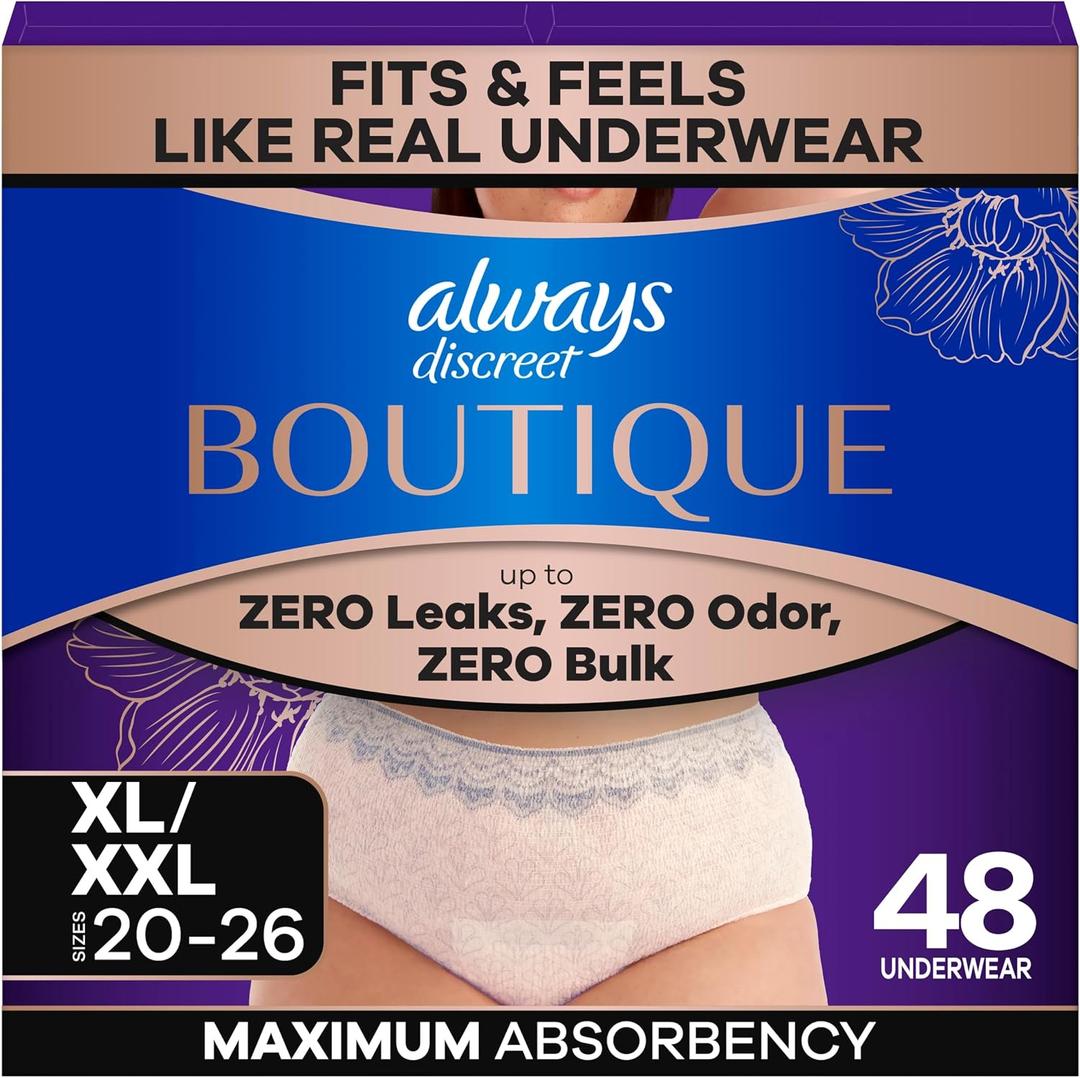 Always Discreet Boutique Black, Reimagined Adult Diapers for Women, Maximum Absorbency Incontinence and Postpartum Underwear Size XL/XXL, Fits and Feels Like Real Underwear, 48 Count