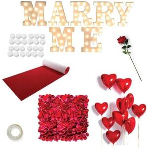 Proposal Decorations Kit, Marry Me Light Up Letters, 2000 Rose Petals, 24 Heart Shaped Romantic Candles, Red Carpet Aisle Runner 16 Feet, 10 Red Heart Balloons, 1 Engagement Rose Ring Box