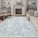 Blue Area Rug 10x14 Machine Washable Large Vintage Living Room Distressed Non Slip Carpet Traditional Indoor Bedroom Grey Retro Floral Accent Throw Rug for Office Kitchen Dining Room