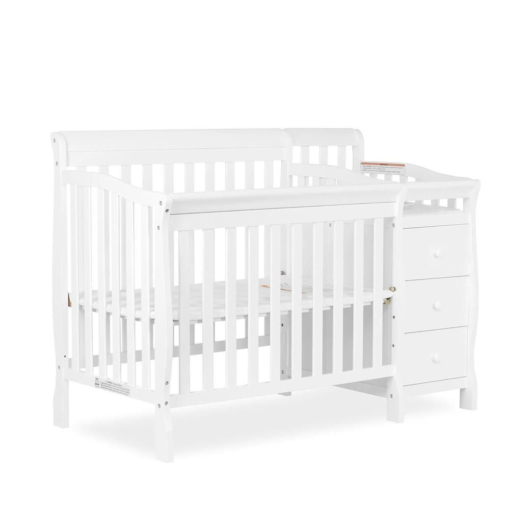 Dream On Me Jayden 4in1 Mini Convertible Baby Crib & Changer with Storage in White, Pinewood, GreenGuard Gold & JPMA, 1 Mattress Pad, 3 Levels, Converts to Mini Day & Twin-Size Bed (Add On Rail)