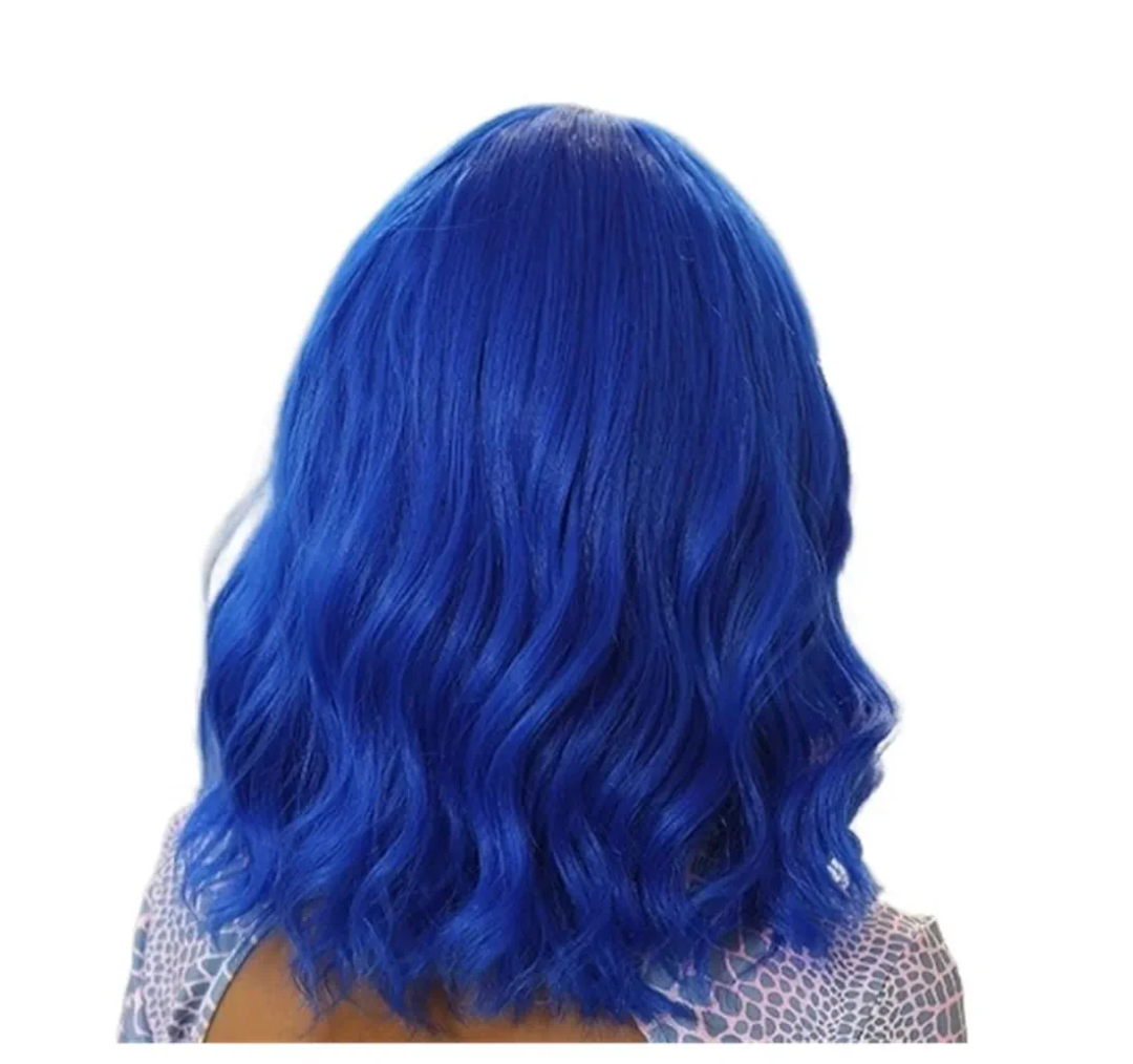 Blue Short Wigs Wavy Hair Wig Bangs Women Natural Halloween Party Use(Dark blue)