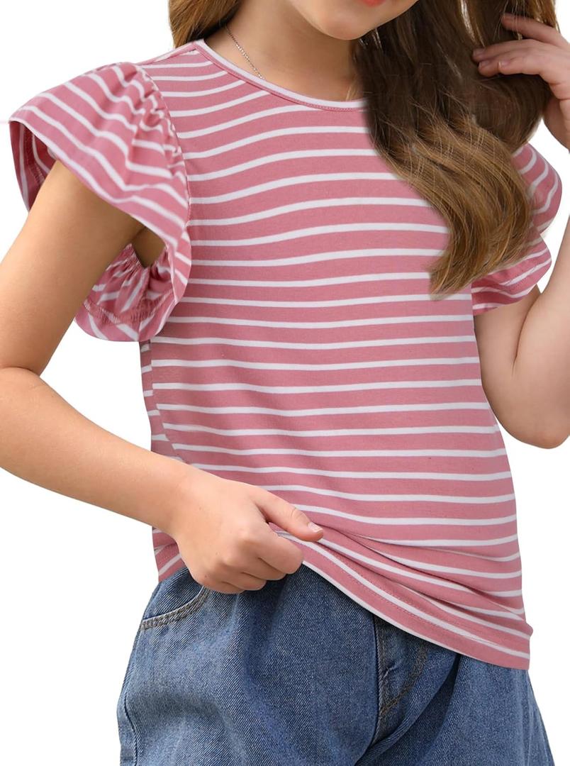 Girls Striped Shirt Flutter Sleeve Top Crewneck Cute Summer T Shirts Casual Tees Pink Stripe 11-12Y (Pink)