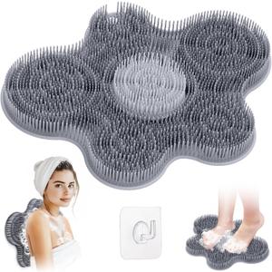 New Silicone Shower Foot Scrubber Mat, Large Wall-Mounted Back Scrubber Back Washer with Long Bristles & Powerful Suction Cups, Easy to Clean Exfoliate and Massage Without Bending(Gray)