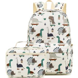 Kids School Backpack with Lunch Box for Boy Kindergarten BookBag School Bag Preschool Kindergarten Toddler Backpack (Dinosaur Beige)