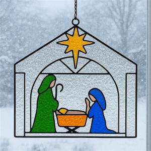 Nativity Scene Suncatcher Stained Glass Christmas Window Decor 5" The Savior is Born Suncatcher Christmas Jesus Window Ornament Hanging Holiday Housewarming Gift for Friends