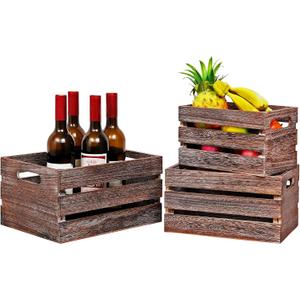 Decorative Wood Crates Nesting Crates Wooden Storage Container for Display,Rustic Handmade for Storage with Handles,Farmhouse Wood Basket for Party,Office,Bedroom,Kitchen,Decor Boxes-Brown Set of 3
