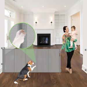 96 Inch Wide Reinforced Retractable Dog Gate with Support Rods - Prevent Crawling Under, Extra Long Retractable Baby Gate Large Dog Gate Indoor/Outdoor Retractable Pet Gate, Gray, (33" Tall x 96" Wide)