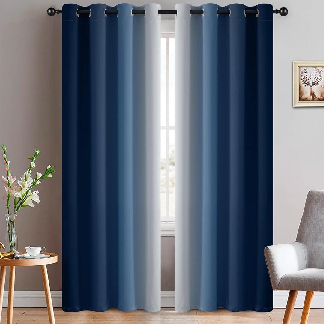 Yakamok Blue and Greyish White Ombre Curtains, Room Darkening Gradient Color Curtains for Bedroom, Light Blocking Thermal Insulated Window Drapes for Living Room(2 Panels, 52x84 Inch) (52"W x 84"L (Pack of 2))