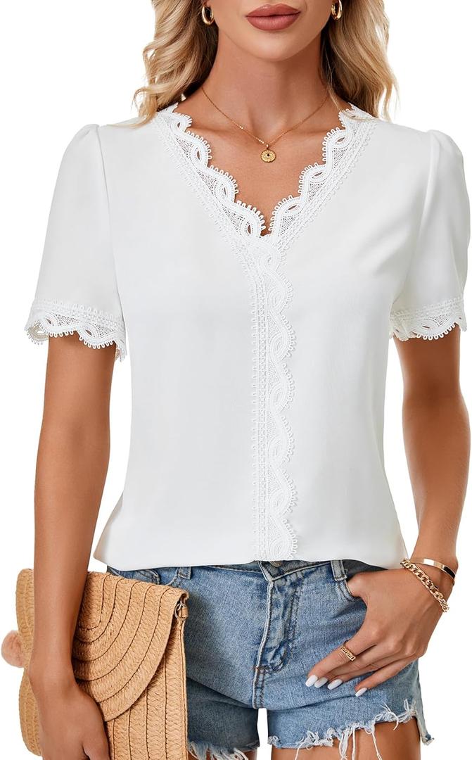Rooscier Women's Lace Short Sleeve V Neck Casual Office Work Tunic Shirt Top (White, S)